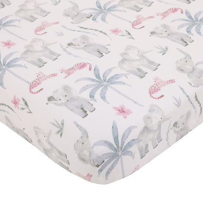 NoJo Tropical Princess Elephant/Jungle Pink and Green 100% Cotton Fitted Crib Sheet