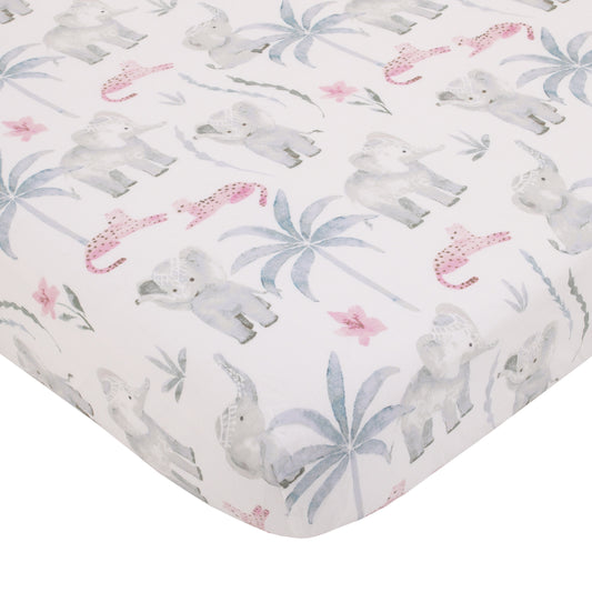 Tropical Princess Elephant/Jungle Pink and Green 100% Cotton Fitted Crib Sheet