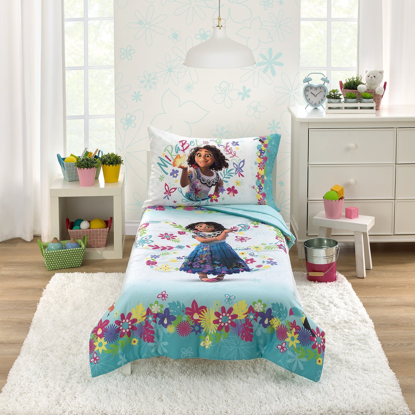 Disney Encanto Tropical Delight Pink and Aqua Flowers and Butterflies 4 Piece Toddler Bedding Set - Comforter, Fitted Bottom Sheet, Flat Top Sheet and Reversible Pillowcase