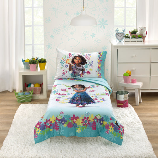 Encanto Tropical Delight Pink and Aqua Flowers and Butterflies 4 Piece Toddler Bedding Set - Comforter, Fitted Bottom Sheet, Flat Top Sheet and Reversible Pillowcase