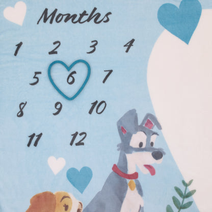 Disney Lady & the Tramp Blue, White, and Gold Love At First Sight Super Soft Photo Op Milestone Baby Blanket