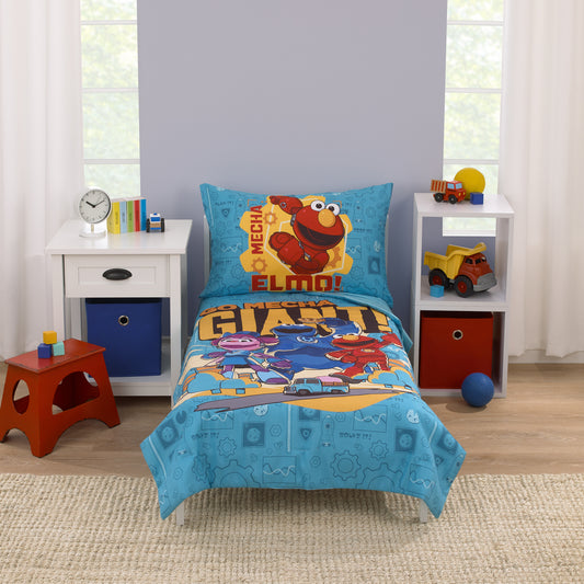 Mecha Builders Blue, Red, and Gold, with Cookie Monster, Elmo and Abby 4 Piece Toddler Bed Set - Comforter, Fitted Bottom Sheet, Flat Top Sheet, and Reversible Pillowcase