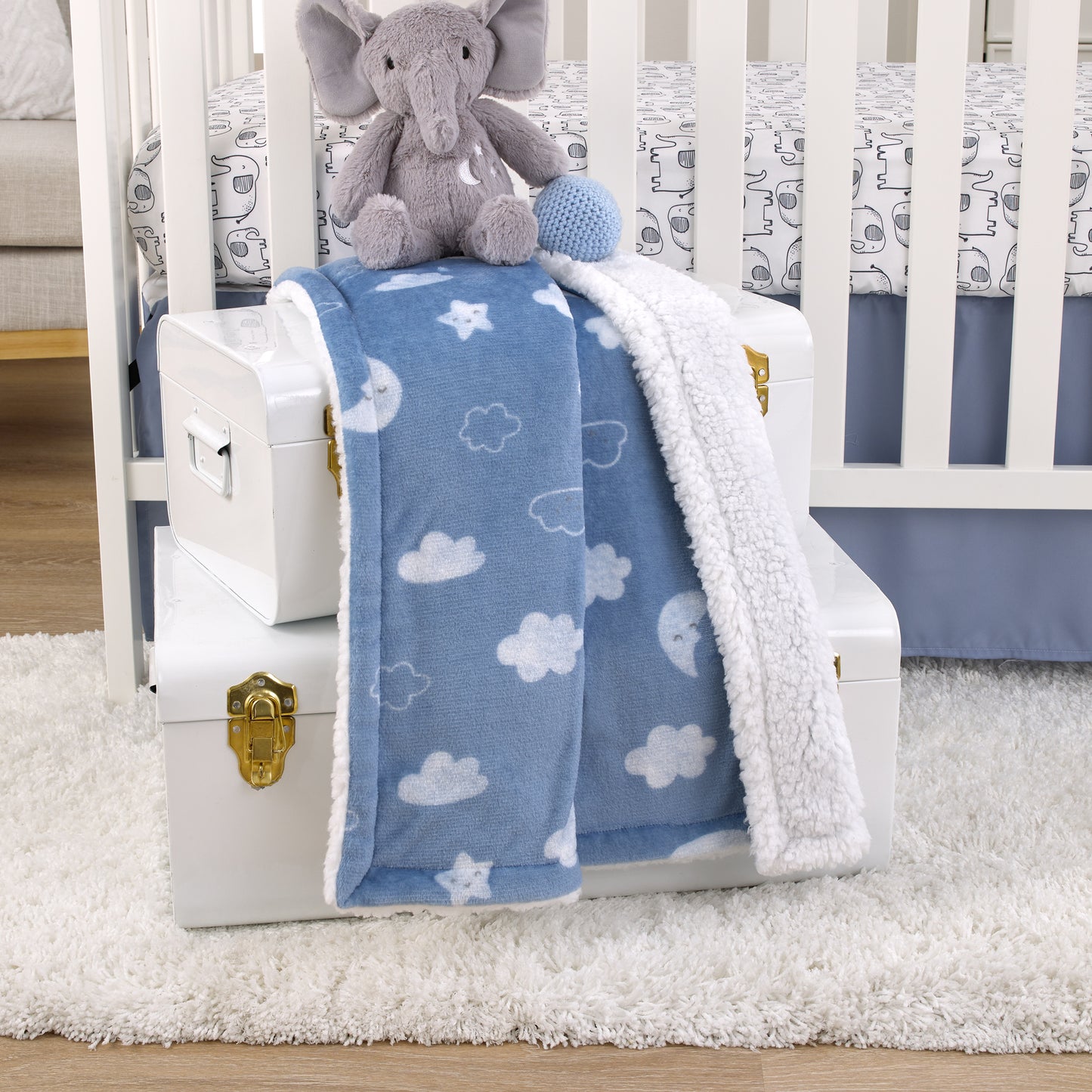 Carter's Blue Elephant - Chambray, and White Clouds, Moon and Stars Super Soft Sherpa Baby Blanket
