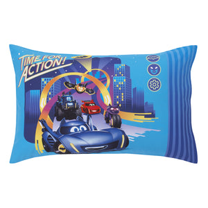 Warner Bros  Batwheels Ready to Roll Blue, Red, and Yellow 4 Piece Toddler Bed Set - Comforter, Fitted Bottom Sheet, Flat Top Sheet and Reversible Pillowcase