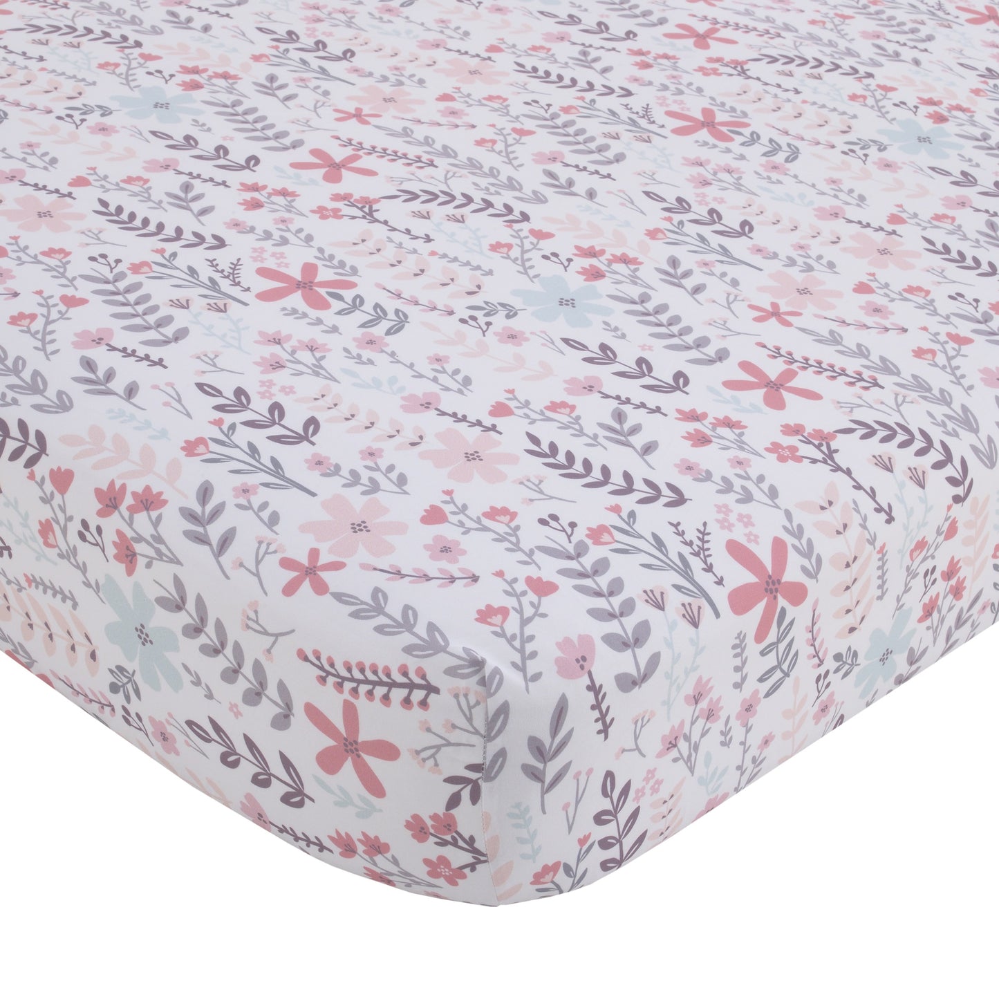 Little Love by NoJo Desert Flower - Feathers and Ferns Pink, Grey and Aqua Fitted Crib Sheet