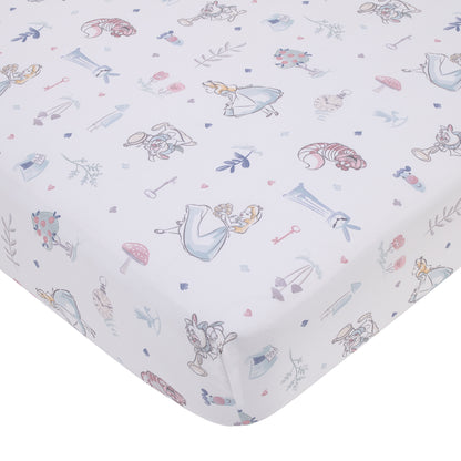 Disney Alice in Wonderland Light Blue, Pink, and White, Rabbit, and Cheshire Cat Super Soft Nursery Fitted Crib Sheet
