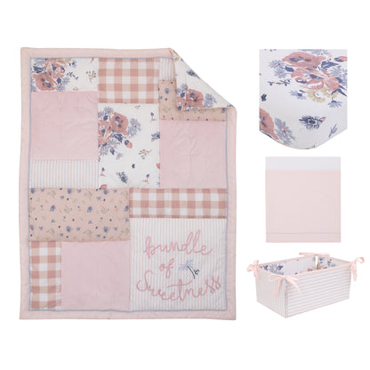 NoJo Farmhouse Chic Pink, Periwinkle, and White Floral, Stripes, Gingham, and Velvet 'Bundle of Sweetness' 4 Piece Nursery Crib Bedding Set - Comforter, 100% Cotton Fitted Crib Sheet, Crib Skirt, and Storage