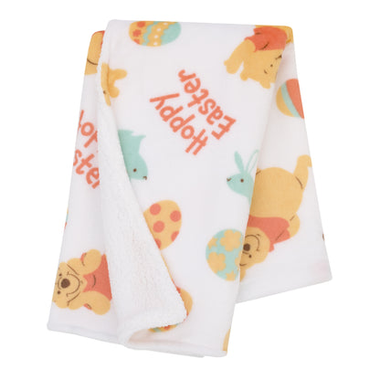 Disney Winnie the Pooh Aqua, Tan, Red, and White Hoppy Easter Super Soft Sherpa Baby Blanket