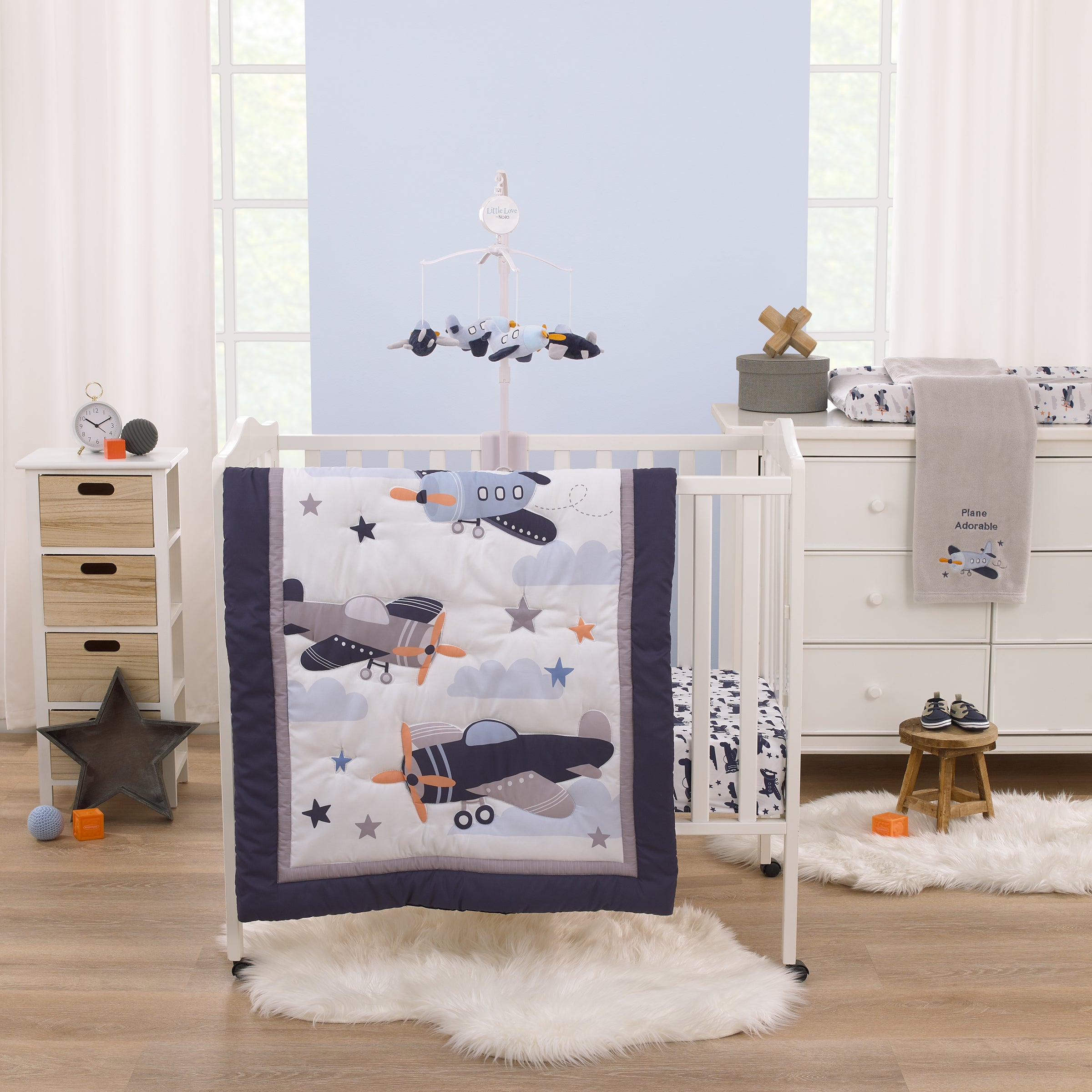 Little Love by NoJo Soar High Little One Navy Light Blue Orange and White Airplanes Clouds and Stars 3 Piece Nursery Crib Bedding Set Comforter Fitted Crib Sheet and Crib Skirt