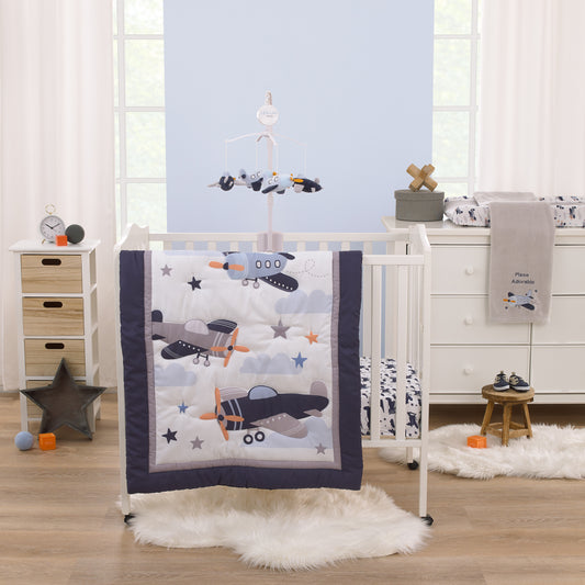 Soar High Little One Navy, Light Blue, Orange, and White Airplanes, Clouds, and Stars 3 Piece Nursery Mini Crib Bedding Set - Comforter, and Two Fitted Mini Crib Sheets