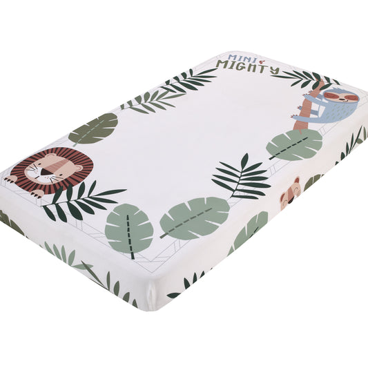 NoJo Jungle Paradise Mini & Mighty Green, Gray and White Lion, Sloth, and Leopard 100% Cotton Photo Op Fitted Crib Sheet