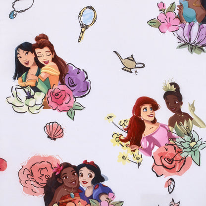 Disney Princesses Courage and Kindness Pink, Blue, and White Ariel, Tiana, Moana, Jasmine, Cinderella, Mulan, Belle, and Snow White Preschool Nap Pad Sheet