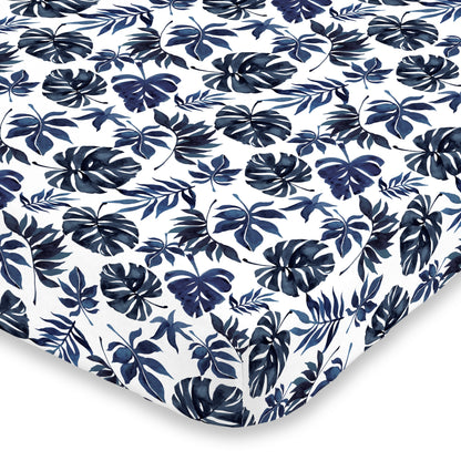 NoJo Super Soft Blue and White Palm Leaf Nursery Crib Fitted Sheet