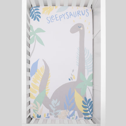 NoJo Sleepysaurus Blue, Yellow, Grey and White Dino Leaf 100% Cotton Photo Op Fitted Crib Sheet