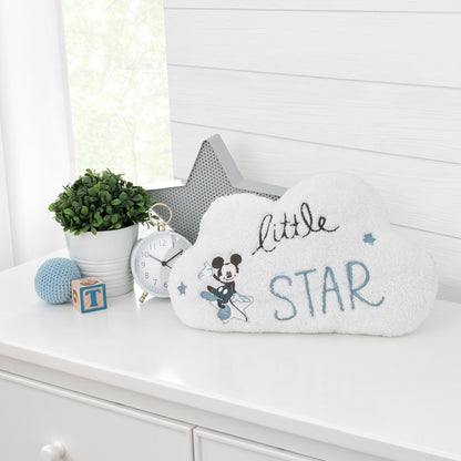 Disney Mickey Mouse White and Blue Sherpa Embroidered Little Star Cloud Shaped Decorative Throw Pillow