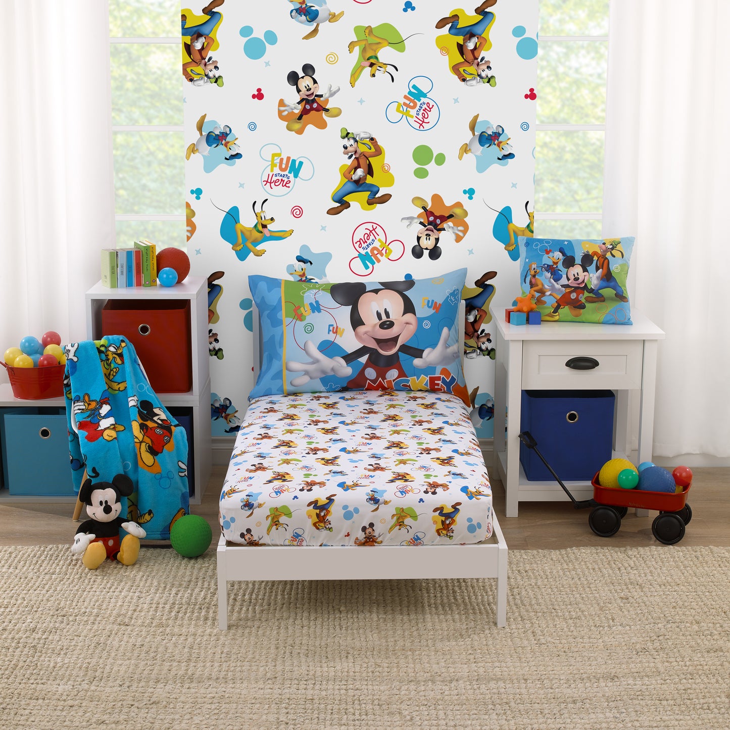 Disney Mickey Mouse Blue, Red, Green, and White, Donald Duck, Pluto, and Goofy, Fun Starts Here 2 Piece Toddler Sheet Set - Fitted Bottom Sheet, and Reversible Pillowcase