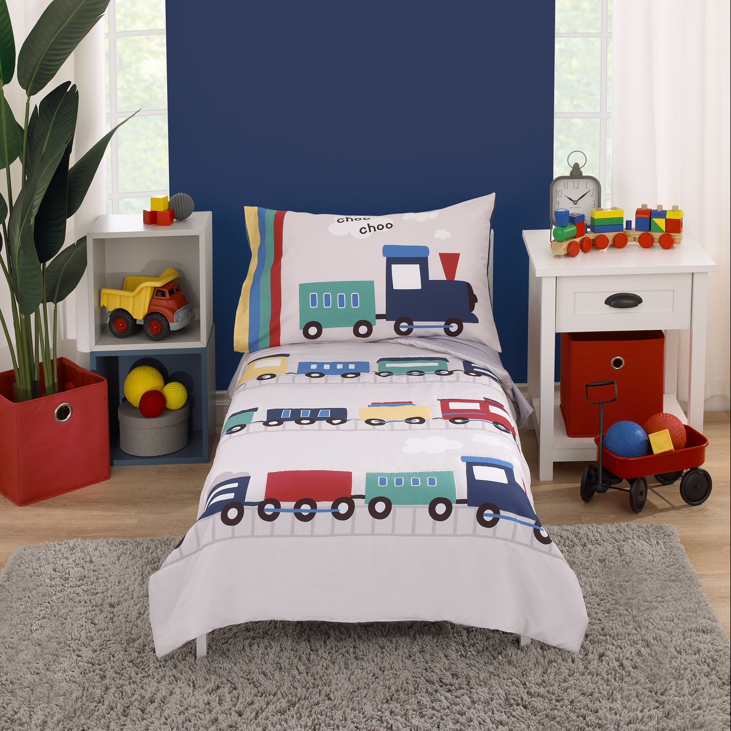 Everything Kids Choo Choo Train Gray, Blue, Red, and Yellow All Aboard 4 Piece Toddler Bed Set - Comforter, Fitted Bottom Sheet, Flat Top Sheet, Reversible Pillowcase