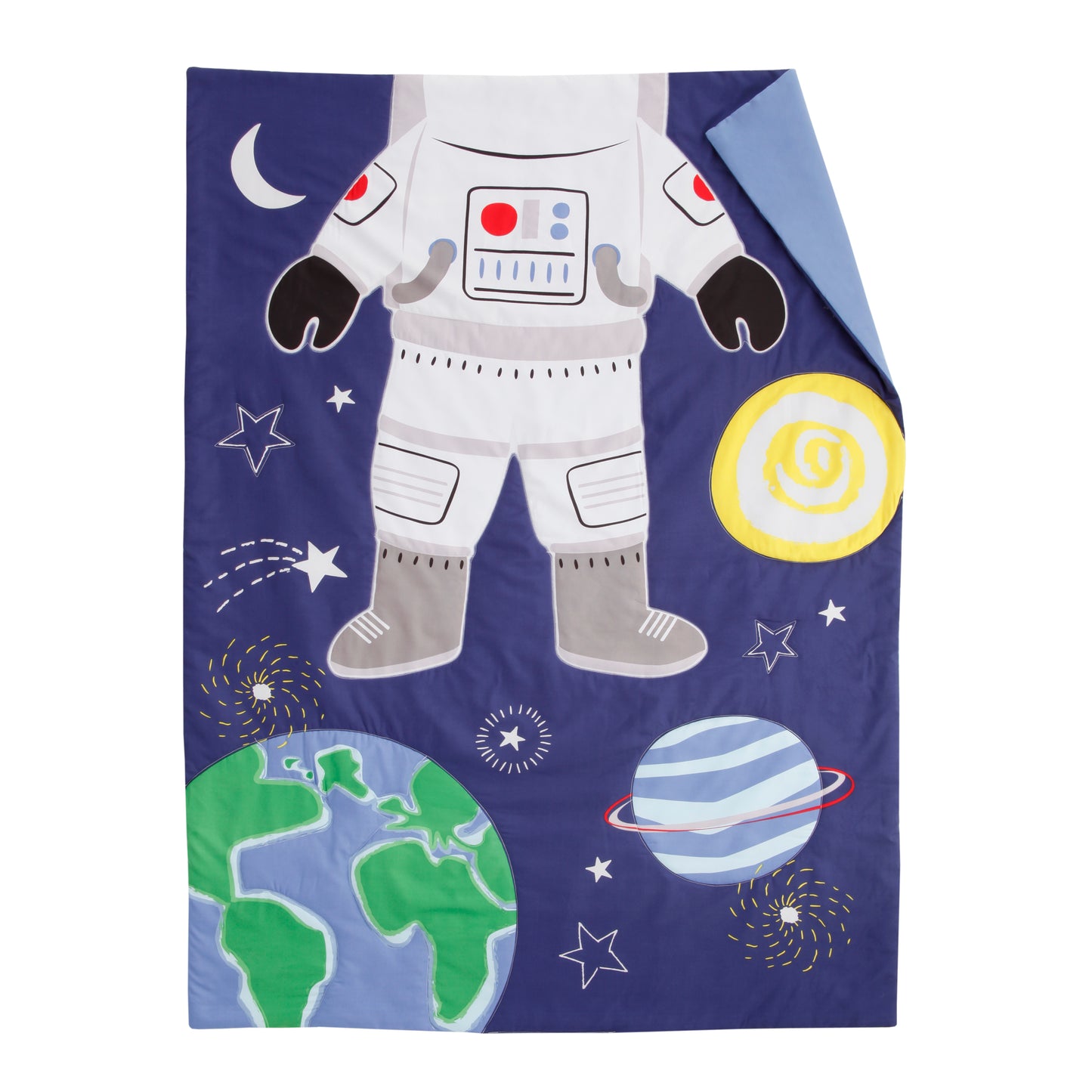 Everything Kids Space Astronaut - Navy, Green and Yellow Glow in the Dark 4 Piece Toddler Bed Set - Comforter, Flat Top Sheet, Fitted Bottom Sheet and Reversible Pillowcase