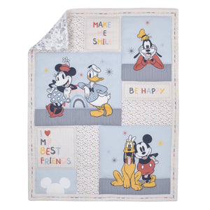 Disney Mickey and Friends Blue, Oatmeal, and Red Mickey Mouse, Minnie Mouse, Donald Duck, Pluto and Goofy 3 Piece Nursery Mini Crib Bedding Set - Comforter and Two Fitted Mini Crib Sheets