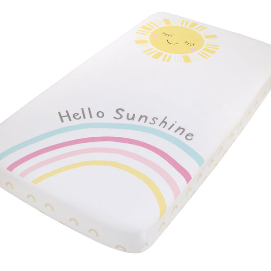 Happy Days Pink, Yellow, Blue and White, Rainbows and Hello Sunshine 100% Cotton Photo Op Nursery Fitted Crib Sheet