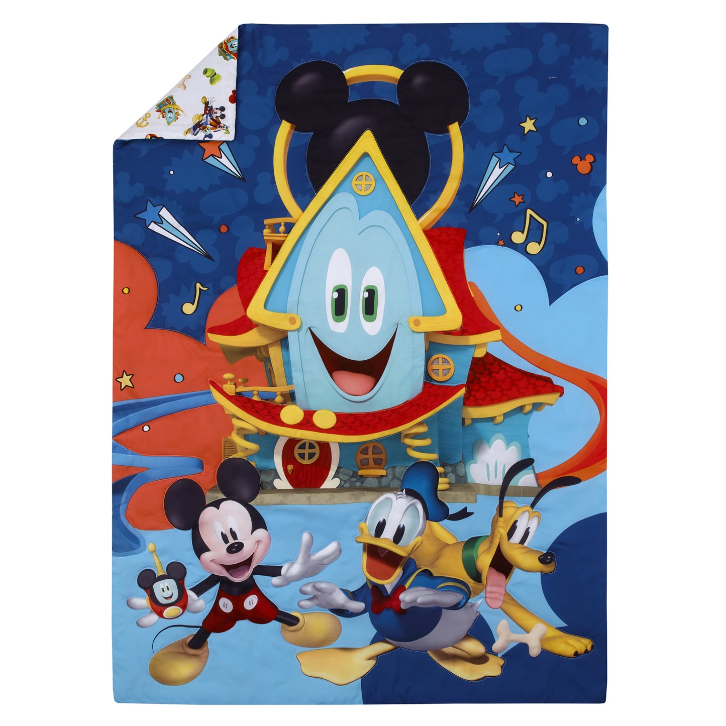 Disney Mickey Mouse Funhouse Crew Blue, Red and Yellow, Funny, Donald Duck, Goofy and Pluto 4 Piece Toddler Bed Set - Comforter, Fitted Bottom Sheet, Flat Top Sheet, and Reversible Pillowcase