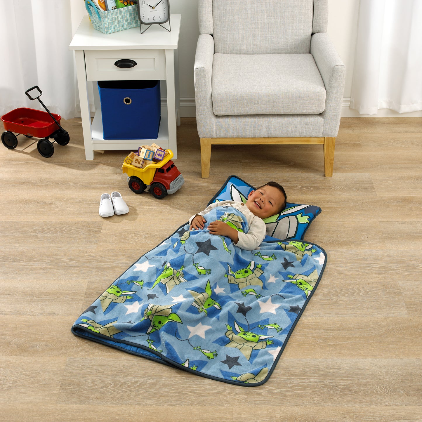 Star Wars The Child Cutest in the Galaxy Blue, Green and Gray Grogu, Hover Pod, and Stars Toddler Nap Mat