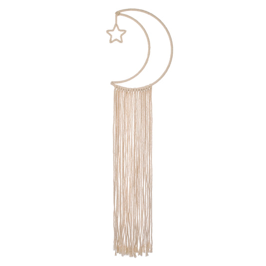 Natural Ivory Macramé Moon Shaped Wall Décor With Fringe, 18" Long