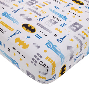 Warner Bros  Batman The Caped Crusader Navy, Gray, and Yellow Bat-Signal 4 Piece Toddler Bed Set - Comforter, Fitted Bottom Sheet, Flat Top Sheet and Reversible Pillowcase
