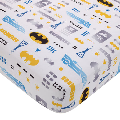 Warner Brothers Batman The Caped Crusader Navy, Gray, and Yellow Bat-Signal 4 Piece Toddler Bed Set - Comforter, Fitted Bottom Sheet, Flat Top Sheet and Reversible Pillowcase