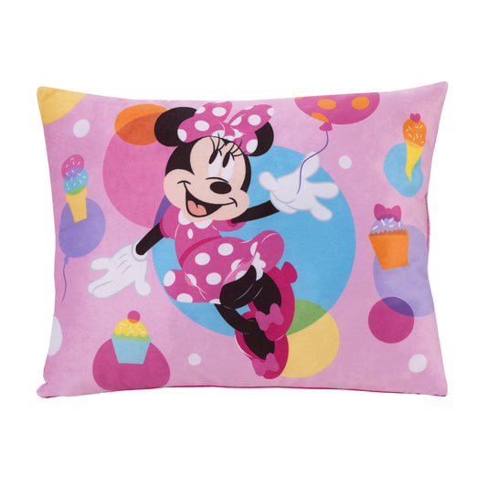 Disney Minnie Mouse Let's Party Pink, Turquoise, Lavender, and Yellow Balloons, Ice-cream Cones, and Cupcakes Plush Toddler Pillow