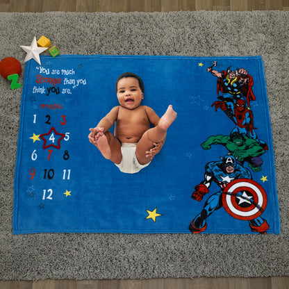 Marvel Comics Blue, Red and Green, Captain America, Hulk, Spiderman and Thor Super Soft Milestone Baby Blanket