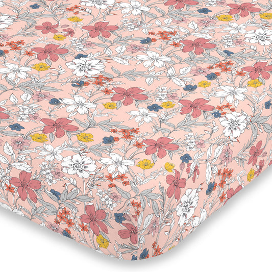 NoJo Happy Pink and White Floral Super Soft Fitted Mini Crib Sheet