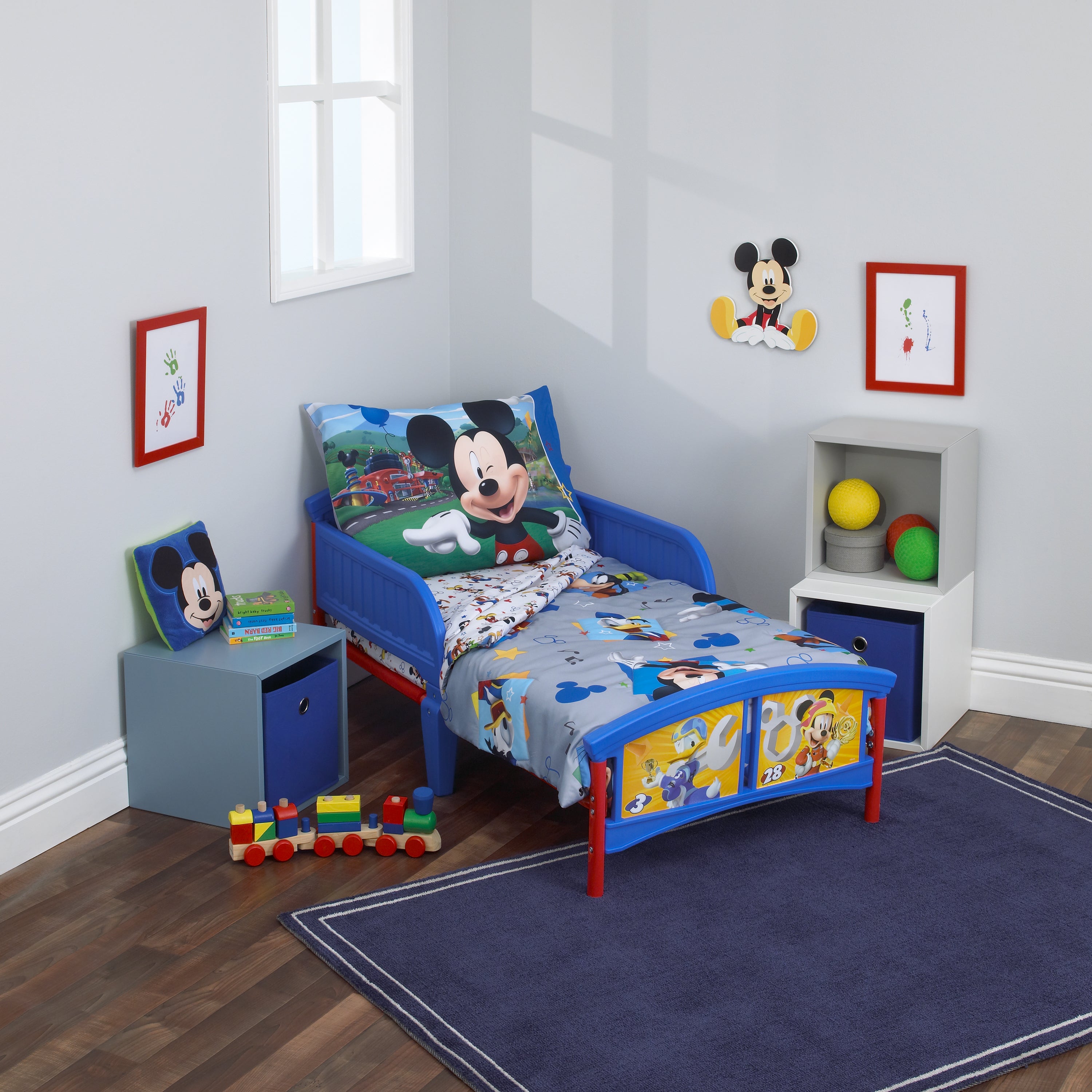 Disney Mickey Mouse Blue Gray Red and White Donald Duck and Goofy Having Fun 4 Piece Toddler Bed Set Comforter Fitted Bottom Sheet Flat Top Sheet and Reversible Pillowcase NoJo Baby