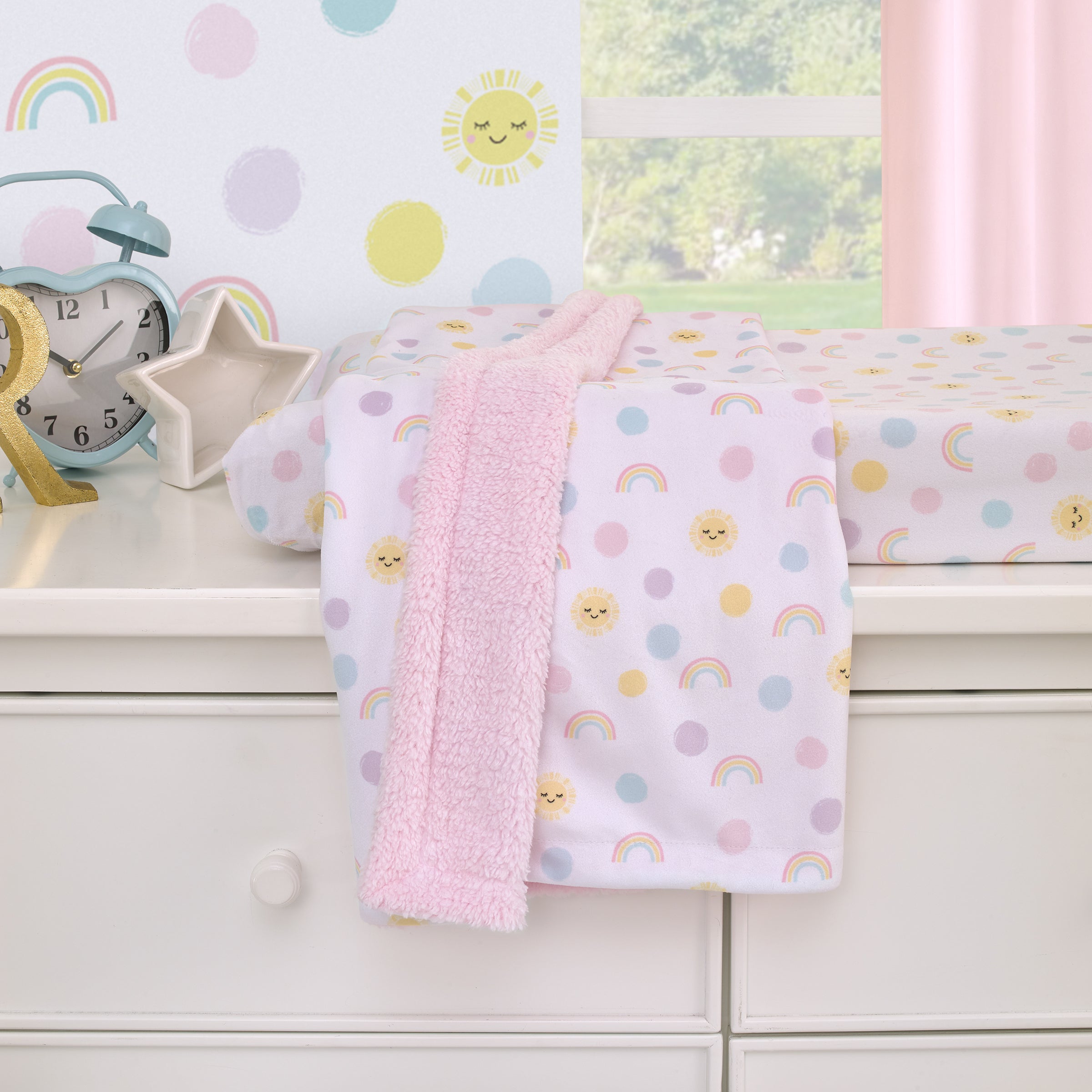 NoJo Happy Days Pink Yellow and Blue Rainbows Sun and Polka Dot Super Soft Sherpa Baby Blanket NoJo Baby