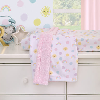 NoJo Happy Days Pink, Yellow and Blue Rainbows, Sun and Polka-Dot Super Soft Sherpa Baby Blanket