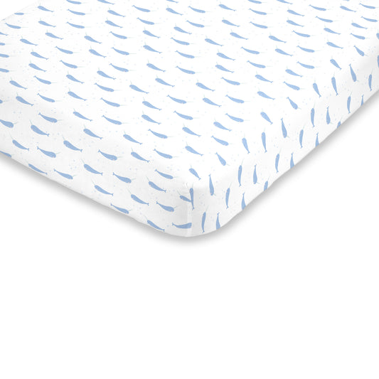 NoJo Super Soft Blue and White Watercolor Narwhal Fitted Mini Crib Sheet