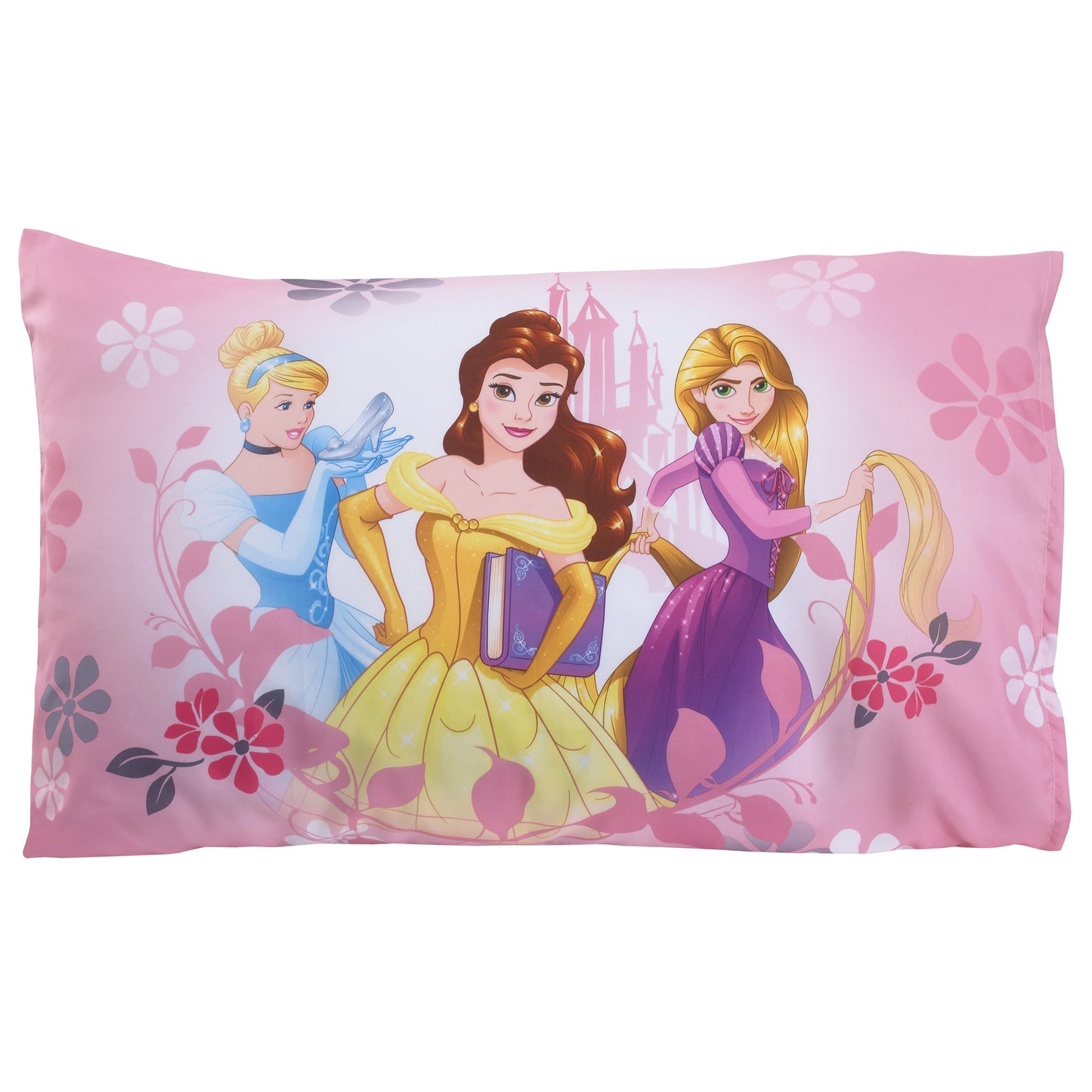 Disney Pretty Pretty Princess Pink, Blue, and Yellow 4 Piece Toddler Bed Set - Comforter, Fitted Bottom Sheet, Flat Top Sheet, and Reversible Pillowcase