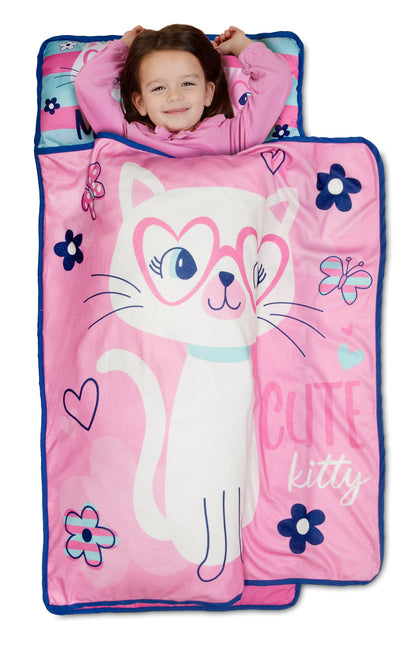 NoJo Cute Kitty Toddler Nap Mat - Includes Attached Pillow and Fleece Blanket