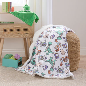 NoJo Disney Toy Story Play All Day Sherpa Baby Blanket - Woody, Buzz, Rex, Wheezy, and Hamm, Teal, Blue, and White