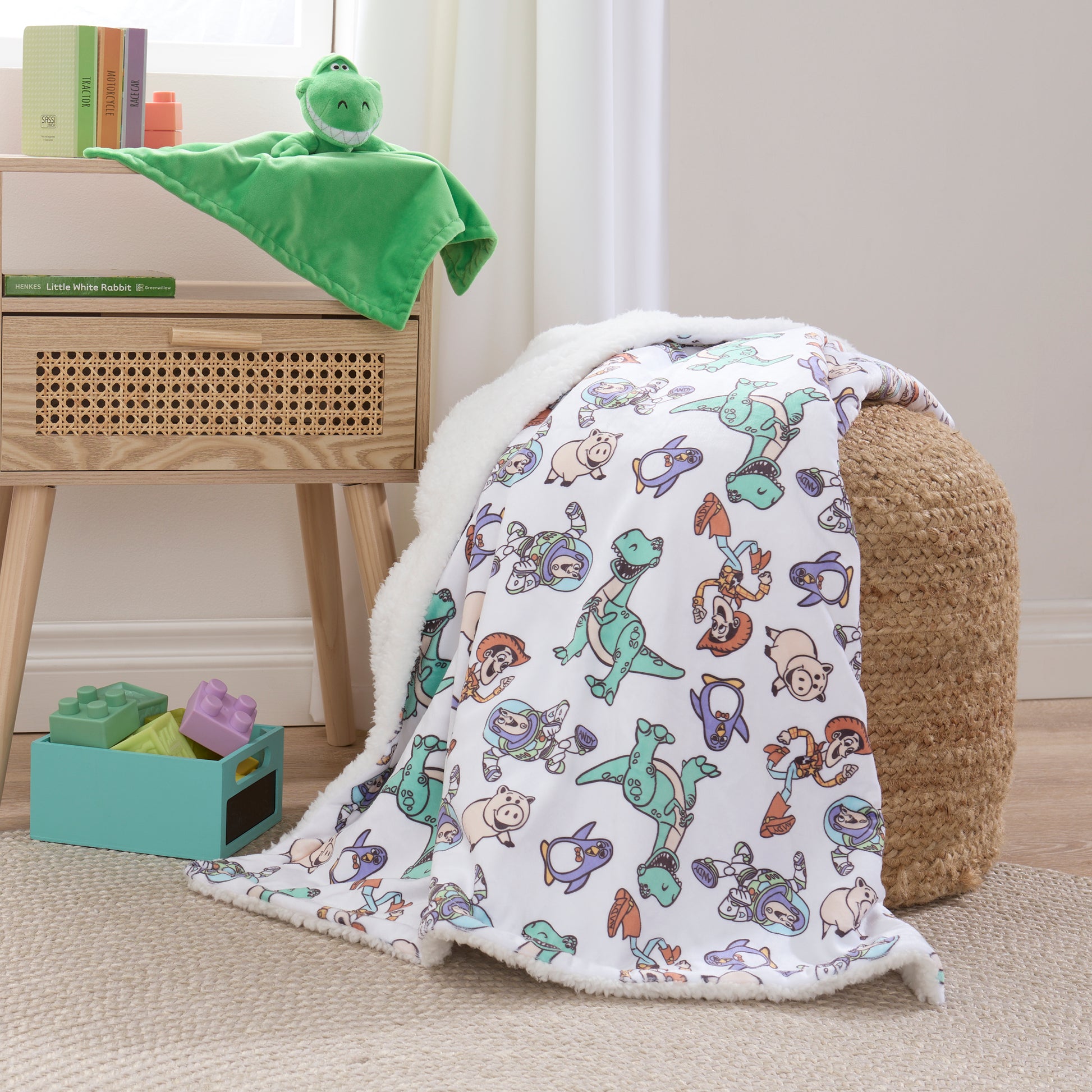 NoJo Disney Toy Story Play All Day Sherpa Baby Blanket - Woody, Buzz, Rex, Wheezy, and Hamm, Teal, Blue, and White