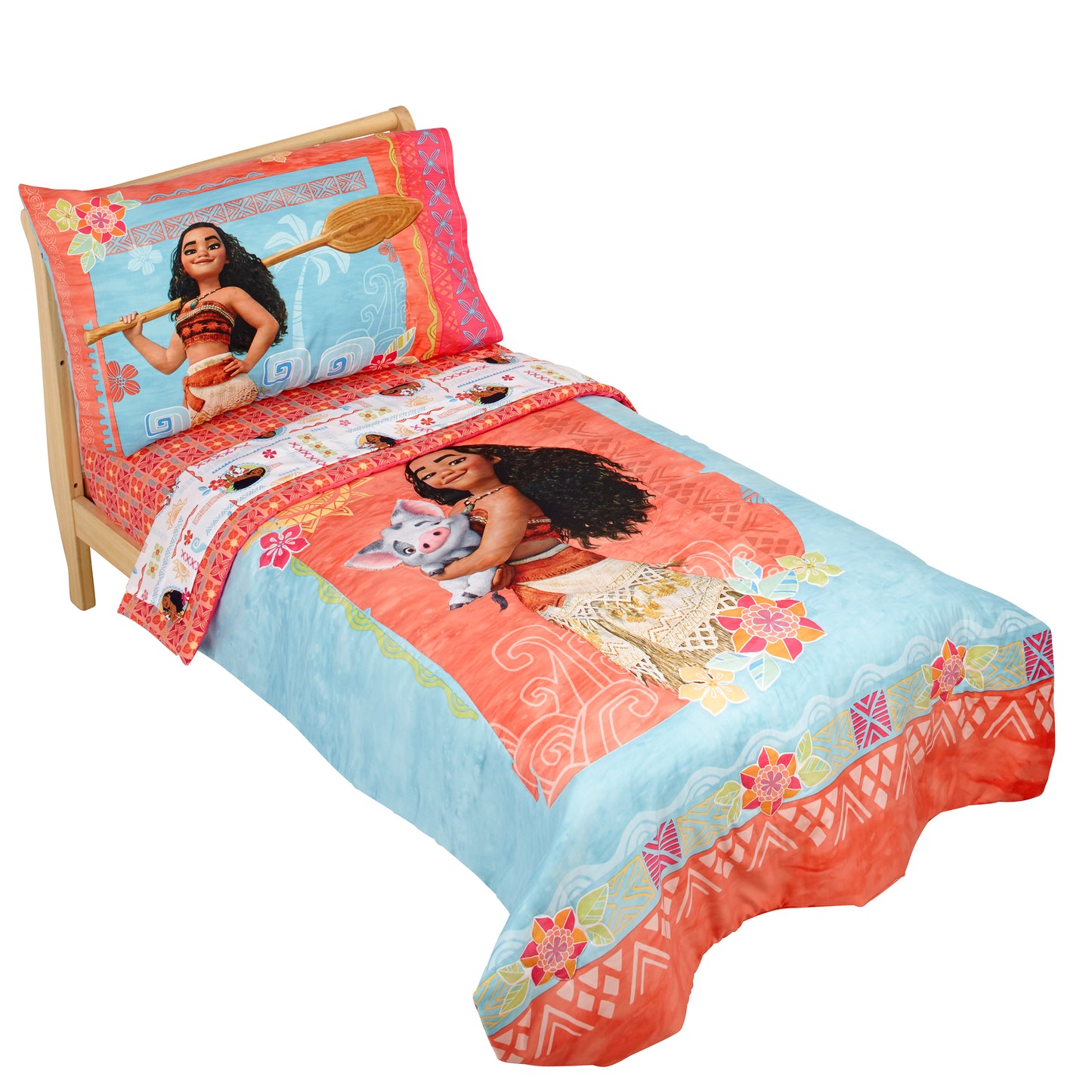 Disney Moana Ocean Spirit Coral, Aqua, Yellow and White, Pua Pig 4 Piece Toddler Bed Set - Comforter, Fitted Bottom Sheet, Flat Top Sheet, and Reversible Pillowcase