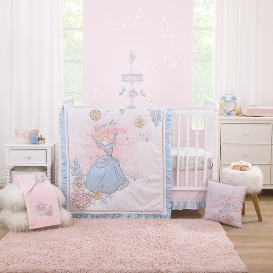 Disney Sweet Princess Light Blue, Pink, and White Cinderella 3 Piece Nursery Crib Bedding Set - Comforter, 100% Cotton Fitted Crib Sheet and Crib Skirt