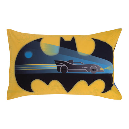 Warner Brothers Batman The Caped Crusader Navy, Gray, and Yellow Bat-Signal 4 Piece Toddler Bed Set - Comforter, Fitted Bottom Sheet, Flat Top Sheet and Reversible Pillowcase