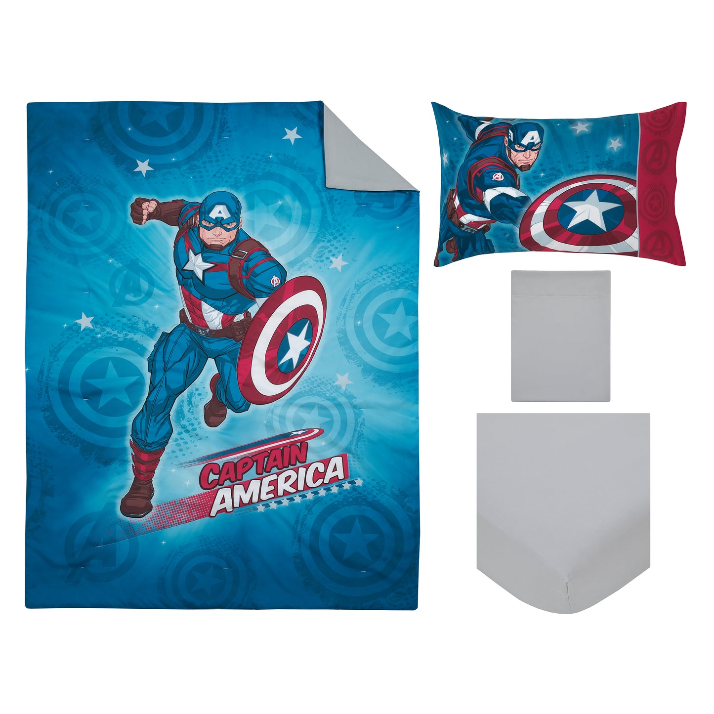 Marvel Captain America Red, White, and Blue 4 Piece Toddler Bed Set - Comforter, Fitted Bottom Sheet, Flat Top Sheet and Reversible Pillowcase