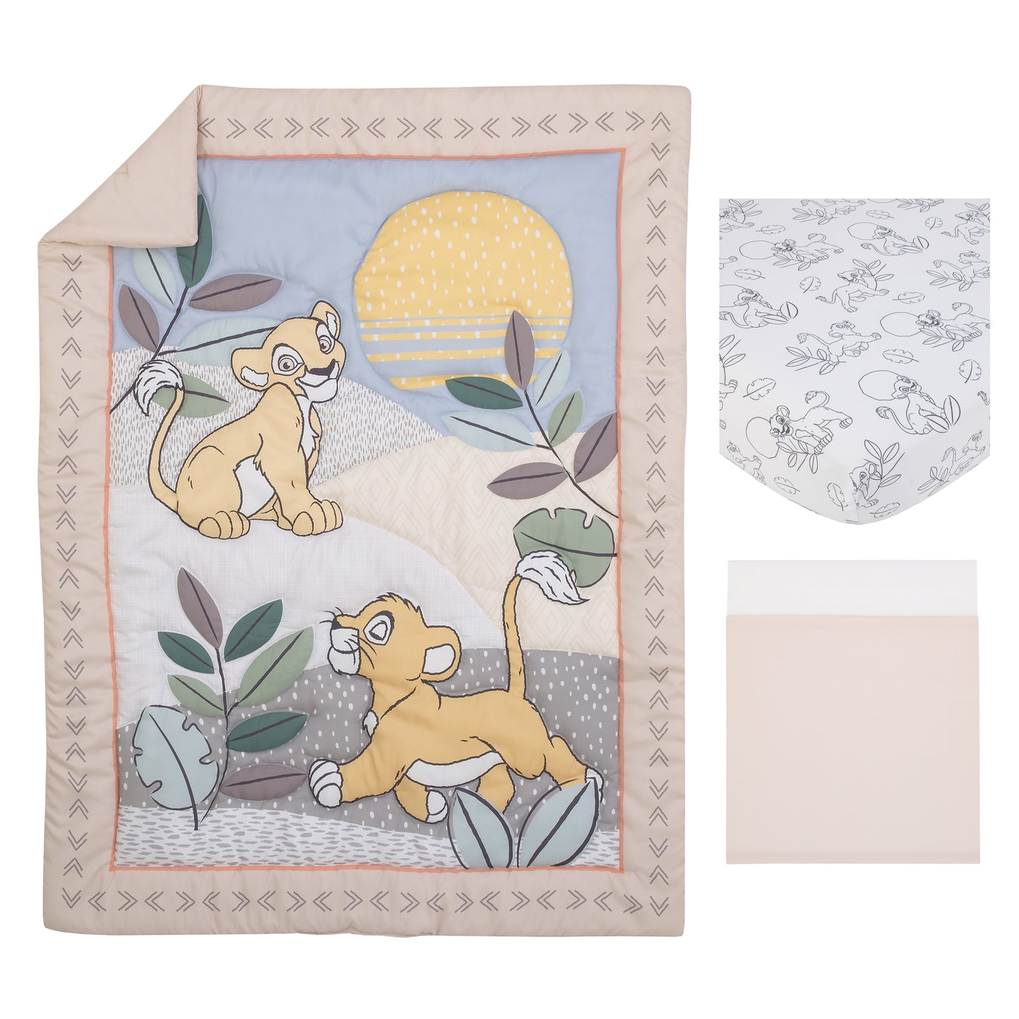 Disney Lion King Leader of the Pack Grey, Sage, Ivory and Yellow 3 Piece Nursery Crib Bedding Set - Comforter, Fitted Crib Sheet, and Crib Skirt