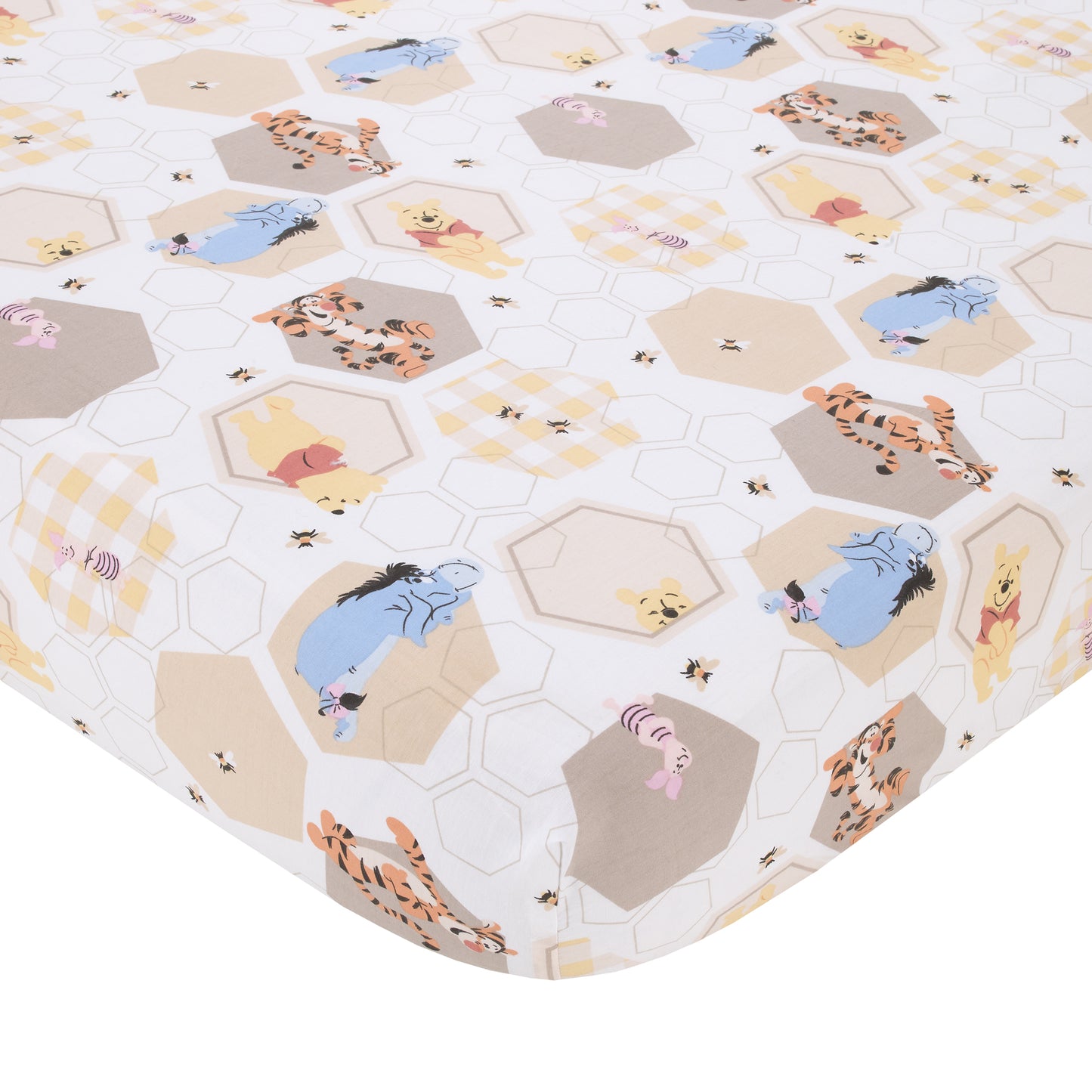 Disney Winnie the Pooh Hugs and Honeycombs Grey, White, and Tan Patchwork with Piglet, Tigger and Eeyore 3 Piece Crib Bedding Set - Comforter, 100% Cotton Fitted Crib Sheet, and Crib Skirt