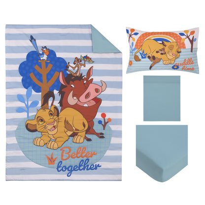 Disney The Lion King Blue, Tan, and Orange, Better Together 4 Piece Toddler Bed Set - Comforter, Fitted Bottom Sheet, Flat Top Sheet, and Reversible Pillowcase