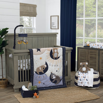 NoJo Goodnight Sleep Tight White and Blue Koala, Sloth, Bear, Star, and Moon 4 Piece Nursery Crib Bedding Set - Comforter, 100% Cotton Fitted Crib Sheet, Crib Skirt, and Storage