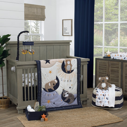 Goodnight Sleep Tight White and Blue Koala, Sloth, Bear, Star, and Moon 4 Piece Nursery Crib Bedding Set - Comforter, 100% Cotton Fitted Crib Sheet, Crib Skirt, and Storage