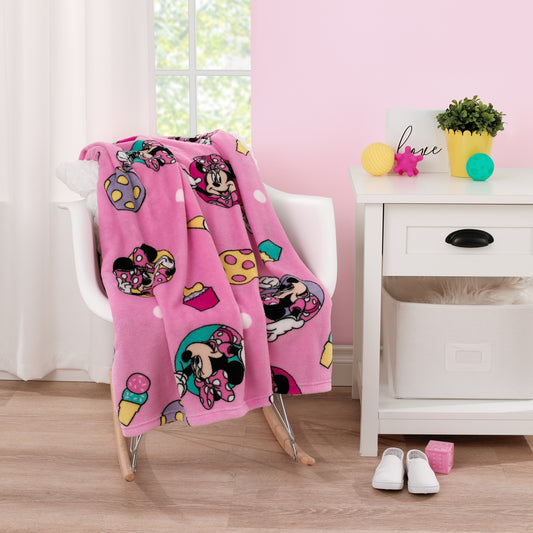 Disney Minnie Mouse Let's Party Pink, Lavender, and Yellow Balloons, Ice-cream Cones, Cupcakes, and Confetti Super Soft Toddler Blanket